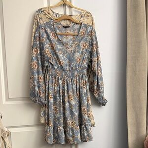 (2) Floral Smocked Waist V-Neck Mini Dresses - Blue & Cream